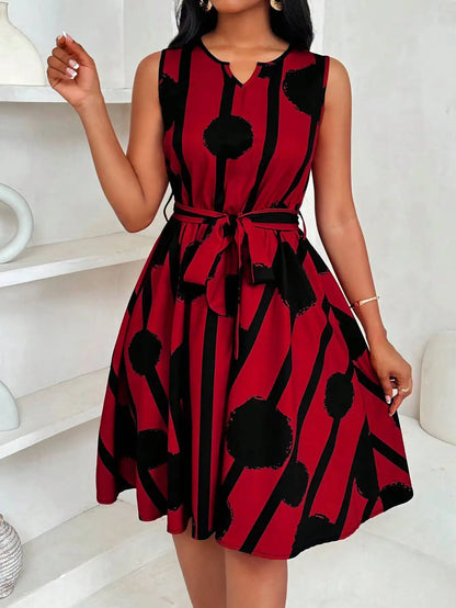 Mini Dress Spring Summer Women Red Black Brush Print Sleeveless Notch Neck Self Tie A-Line Casual Daily Dress