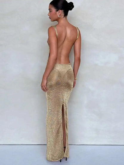 Townlike Sparkle Glittar Slim Bodycon Dress Women Maxi Long 2024 Summer Dress Perspective Backless Nightclub Sexy Party Dresses