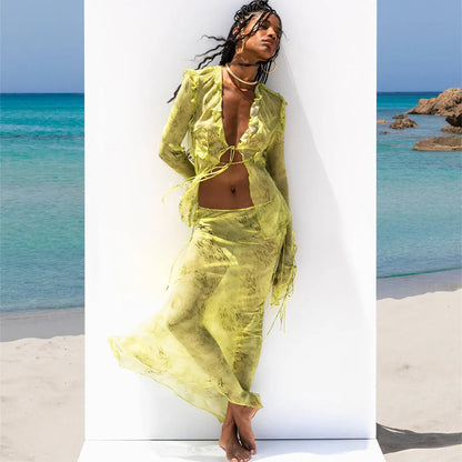 Hirigin Chic Women 2 Piece Long Skirt Sets Sexy Floral Crop Cami Top Low Waist Bodycon Ruffle Maxi Skirt Summer Beachwear