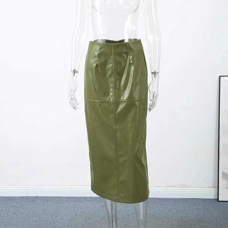 PU Leather Strapless Dresses Coat Women's Two Pieces Set Vintage Stand Jackets Long Straight Skirts 2025 Autumn Street Outfits