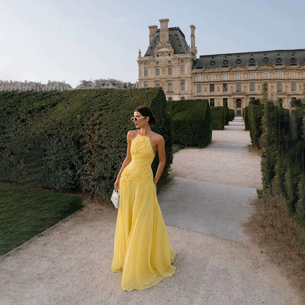 Elegant Party Dress for Women Halter Neck Sleeveless A Line Pleated Chiffon Applique A Line Yellow Long Evening Dress Customized