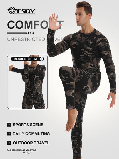 Esdy 1 Set of Men's Thermal Compression Clothing Set, Autumn and Winter Outdoor Thermal Underwear Set, Polar Hunting Cold-Proof Long-Sleeve Underwear and Pants, Suitable for Skiing, Mountaineering, and Rock Climbing