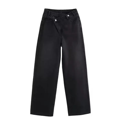 HH Jeans Évasés Taille Croisée Tendance pour Femmes Boutons Asymétriques Taille Haute Jean Baggy en Denim pour Tenues Streetwear et Y2K
