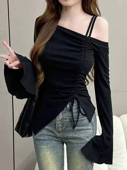 Haut court blanc à épaules dénudées avec cordon de serrage, élégant et sexy, pour femme, manches longues, T-shirt moulant, hauts à manches évasées, pulls.