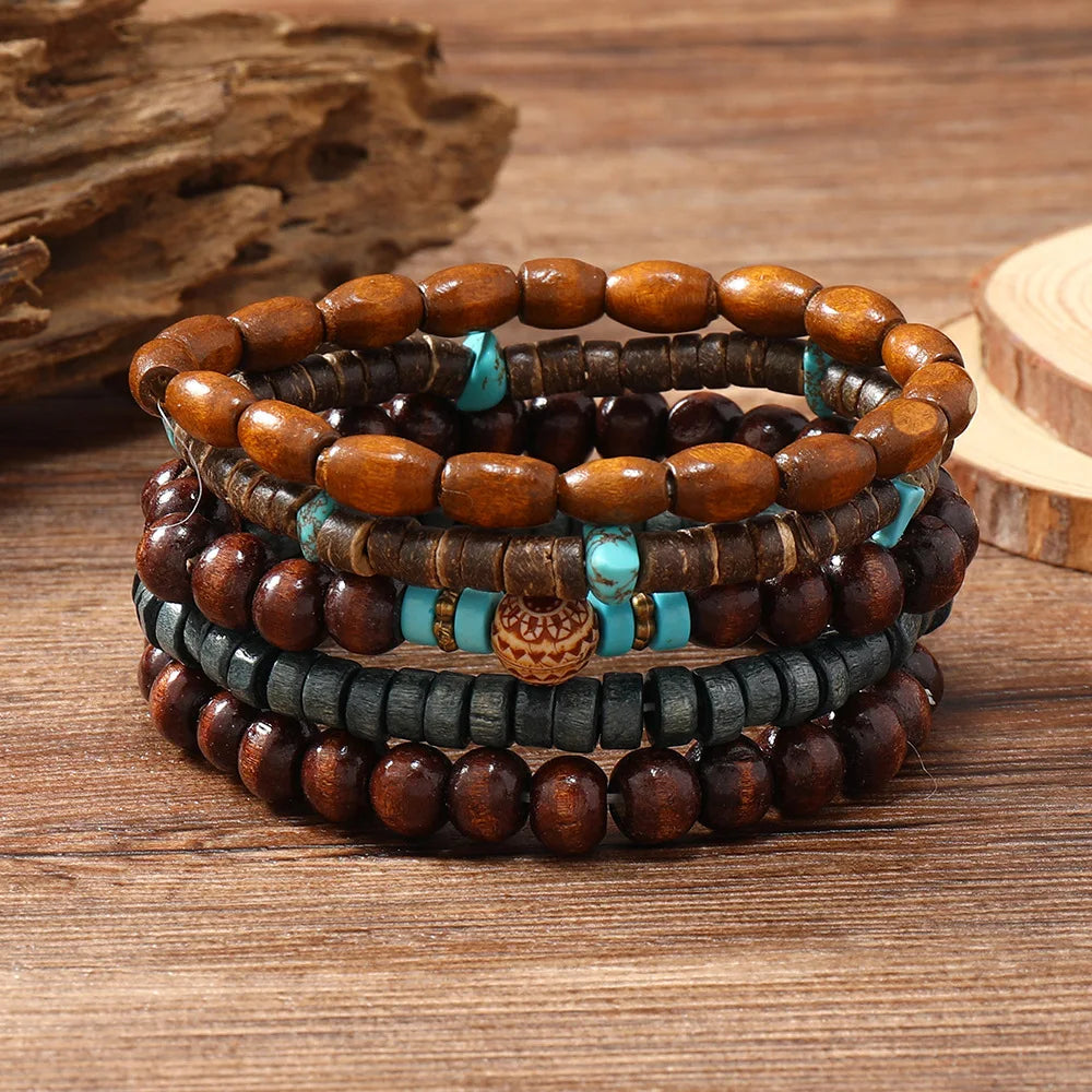 5Pcs Wood Beads Beaded Bracelet Set For Men Women Vintage Wood Beads Elastic Chain Bangle Fashion Daily Party Jewelry