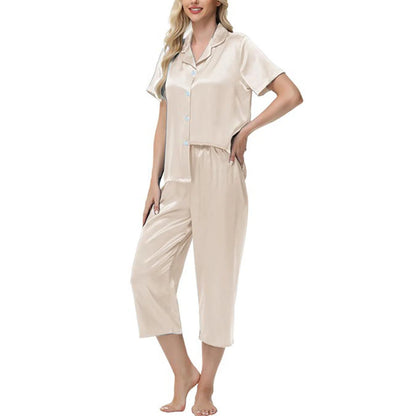 New Women Two-piece Pajama Set Elegant Ice Silk Pajama Set with Button-down Shirt Wide Trousers Homewear Casual Outfit Sleepwear