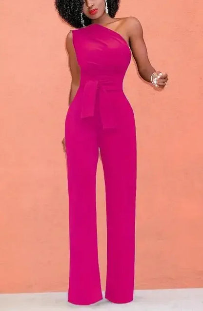 Combinaison Femme Unie Col Asymétrique Crop Top Pantalon Droit Ceinture Sexy Sans Manches Pantalon Ample Élégant Charmant Combinaison 2024