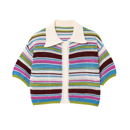 Women Patchwork Striped Hollow Out Crochet Knitted Crop Sweater Shorts Set Short Sleeve Polo Collar Sweater Knit Shorts Suit Y2K