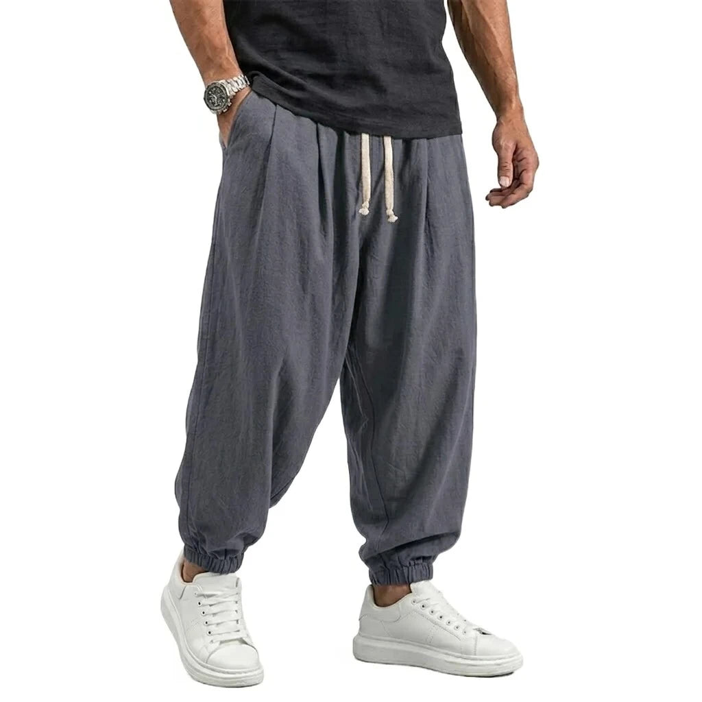 Pantalon en coton et lin coréen pour homme, pantalon de sport, décontracté, de travail, sarouel de printemps, automne, avec cordon de serrage, ample, streetwear