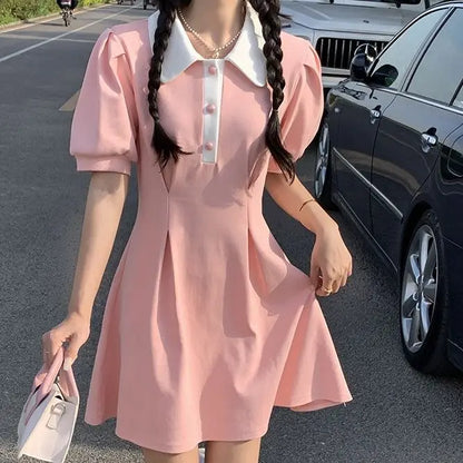 Women's Mini Dress Contrast Polo Collar with Puff Sleeves Pleated Skirt