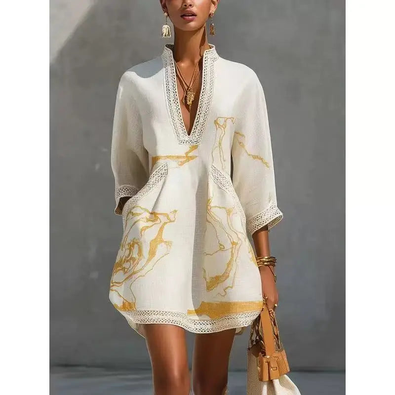 B Elegant Mini Dress for Women Fashion Lace Trim V Neck Abstract Print 3/4 Sleeve Pocket Dress Casual Commuting Vacation Dresses