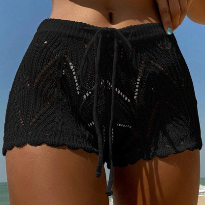 Short de plage pour femme, en tricot ajouré, dentelle, cordon de serrage, taille élastique, doux, respirant, ample, taille haute, short de bikini d'été