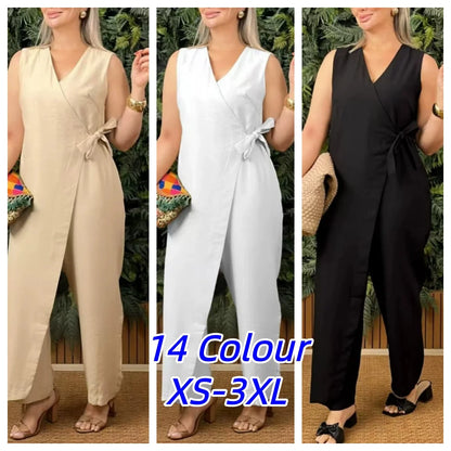 Combinaison décontractée femme Col en V sans manches Combinaison à lacets pour femme Mode Bureau Vacances Vêtements femme Combinaisons Été Nouveau