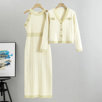 Ensembles de robes de style français pour femmes, taille haute, deux pièces tricotées, pull, robe débardeur et manteaux, mode élégante printemps-automne