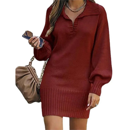 Women's Sweater Mid Length Dresses Fashion Lapel Lantern Sleeve Knit Solid Color Elegant Female Fall Winter Sweater Dress 2024