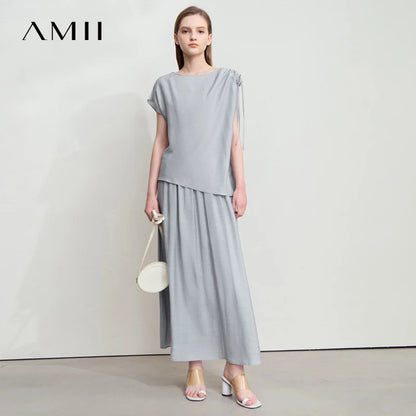 Amii Minimalism Chiffon Shirt Half Skirt Women 2025 Summer New Basic Solid Color Shirt Sold Separate Draw Pleat Skirt 12552059