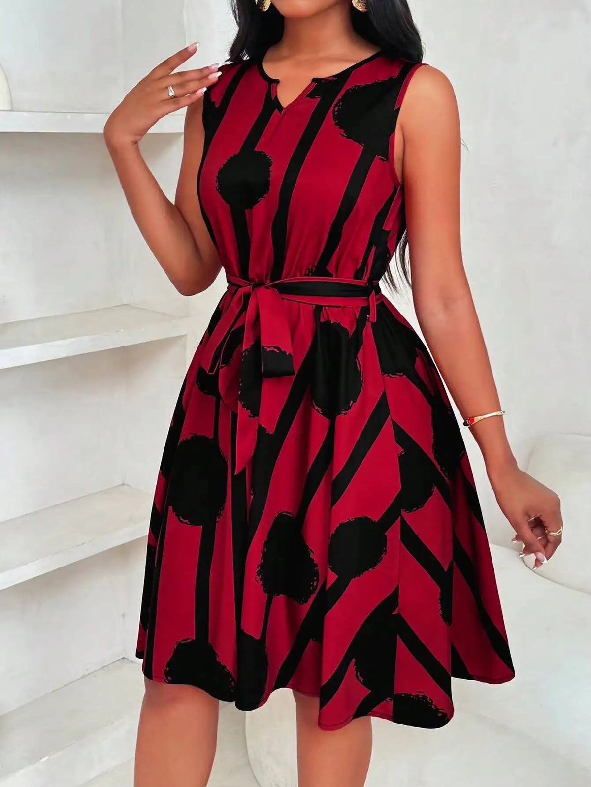 Mini Dress Spring Summer Women Red Black Brush Print Sleeveless Notch Neck Self Tie A-Line Casual Daily Dress