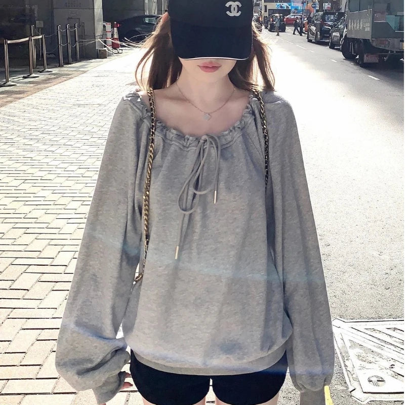 Bandage Plissé Uni Style Décontracté Sweatshirts à Capuche Printemps Automne Manches Longues Ample Hauts Tendance Vêtements Coréens Décontractés pour Femmes