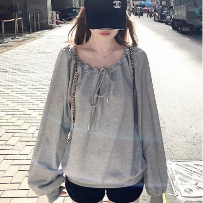 Bandage Plissé Uni Style Décontracté Sweatshirts à Capuche Printemps Automne Manches Longues Ample Hauts Tendance Vêtements Coréens Décontractés pour Femmes
