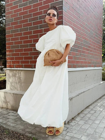 Bornladies Summer Cotton Women's Oversized Bubble Sleeve Dresses Fashionable Ladies O-Neck Chic Short Sleeve Loose Long Dress