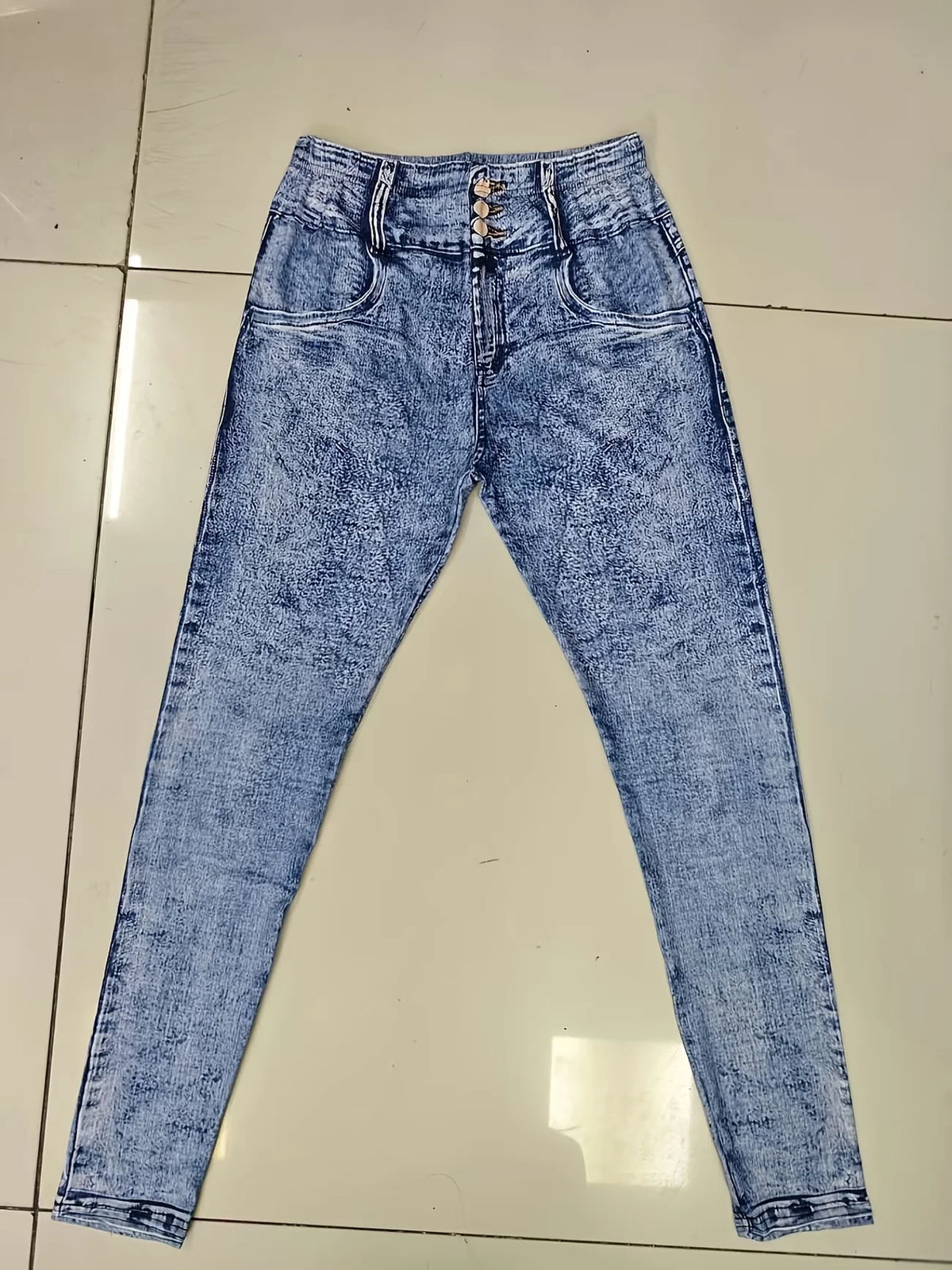 Women Printed Leggings Not Denim Fabric, Fake Pocket & Button Print Design Pants, High Elastic Fashion Slim Fit Skinny Casual