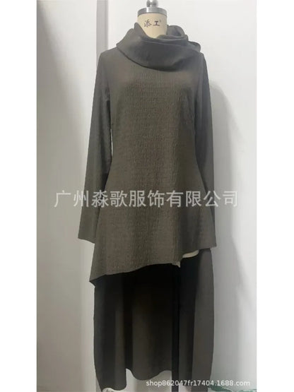 Elegance Heaps Collar Loose Dress For Woman Fashion Irregular Hem Long Sleeves Casual Dresses Spring Autumn Lady Solid Vestidos