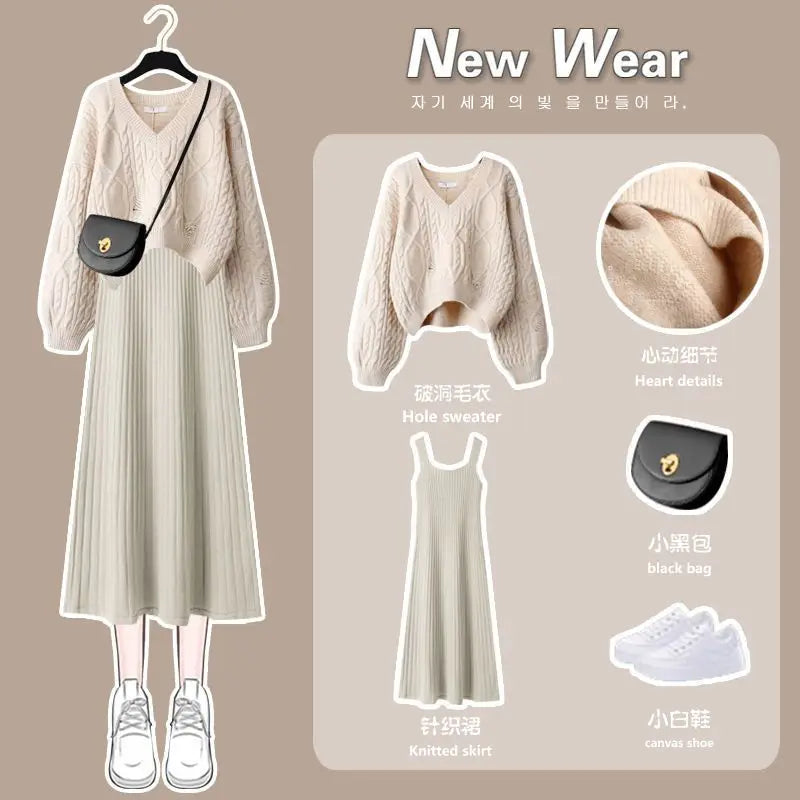 Women's Knitted Sweater Skirt Two Piece Set Women Slim Elegant Tops Female Sweater Dress Suits Lady Knitting Outfit