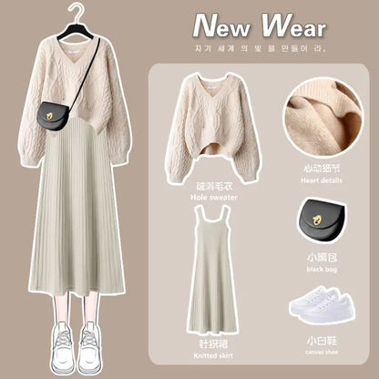 Women's Knitted Sweater Skirt Two Piece Set Women Slim Elegant Tops Female Sweater Dress Suits Lady Knitting Outfit