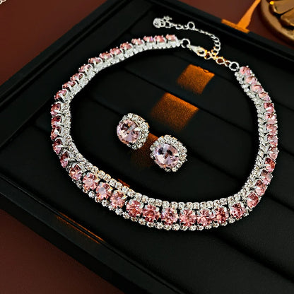 Luxury Green Rhinestone Necklace Stud Earrings For Women Crystal Choker Necklaces Ladies Fashion Weddings Banquet Jewelry Set K
