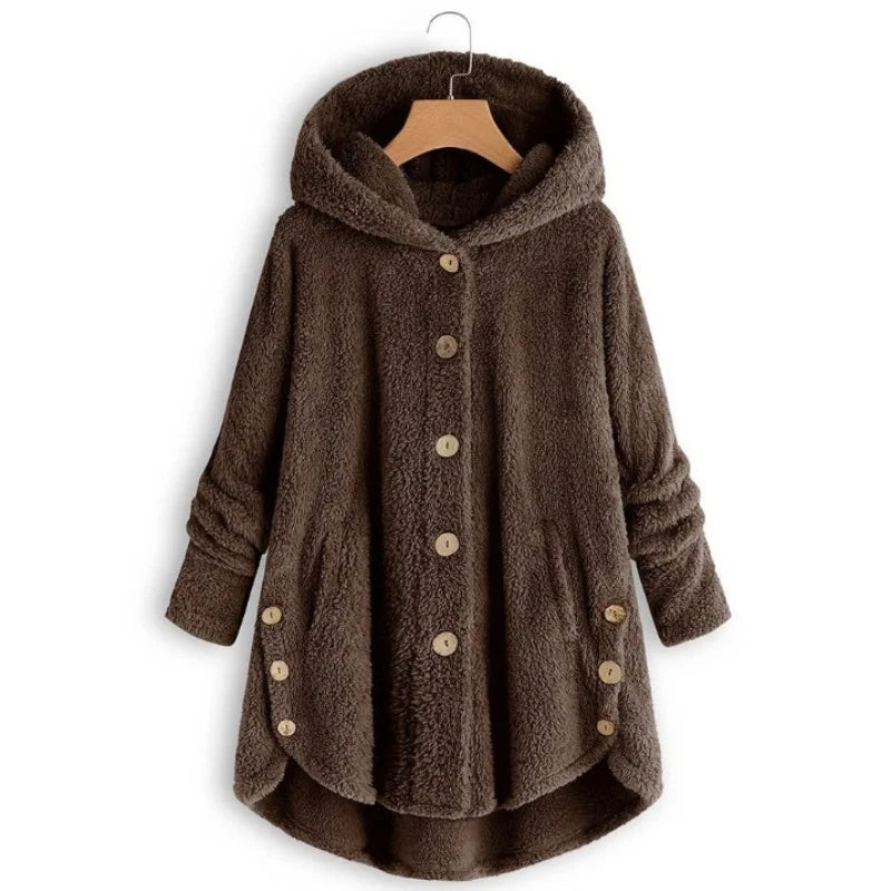 New Fashion Autumn Winter Women's Solid Button Coats Ladies Warm Teddy Bear Loose Outwear Female Plush Coat Hooded Plush Jackets