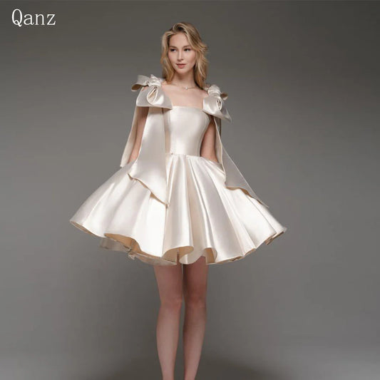 Qanz Champagne Short Prom Dresses Bow Straps Satin Strapless Graduation Dress Lace Up Back Customized Birthday Dress For Women