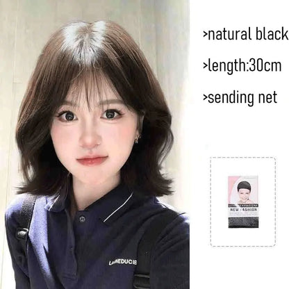 Wig Women's Full Head Covering, Korean Cute Short Hair, Egg Roll Hairstyle, Simulated Human Hair, Natural High Skull Top Short C