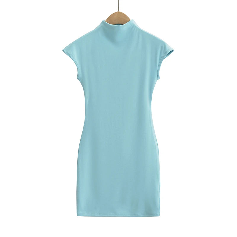 Mini dresses for women 2024 Summer knitted dress sexy vintage clothes black dresses short sleeve turtleneck pink dress bodycon