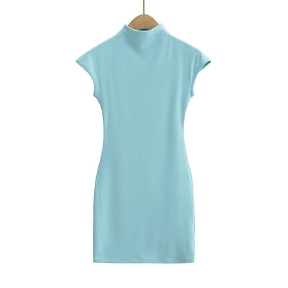 Mini dresses for women 2024 Summer knitted dress sexy vintage clothes black dresses short sleeve turtleneck pink dress bodycon