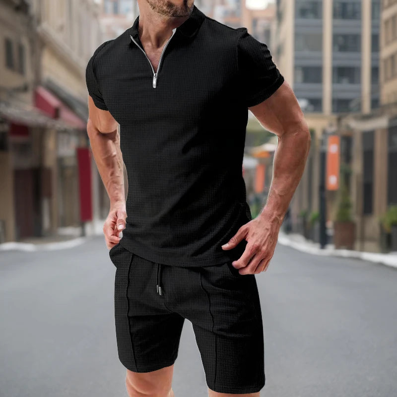Ensemble Polo et Short de Sport pour Homme, Manches Courtes, Chemise Polo Élégante avec Fermeture Éclair et Short, Ensemble Décontracté Streetwear 2 Pièces pour Homme