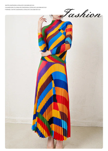 Fashionable two-piece set for women: pleated rainbow print long-sleeved top and high-waisted versatile skirt.