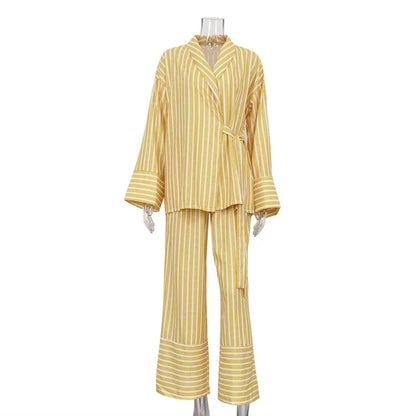 Women's Two-piece Set  Autumn New Striped Long-sleeved Loose Lace-up Top High-waisted Trousers Fashion Casual Suit for Women