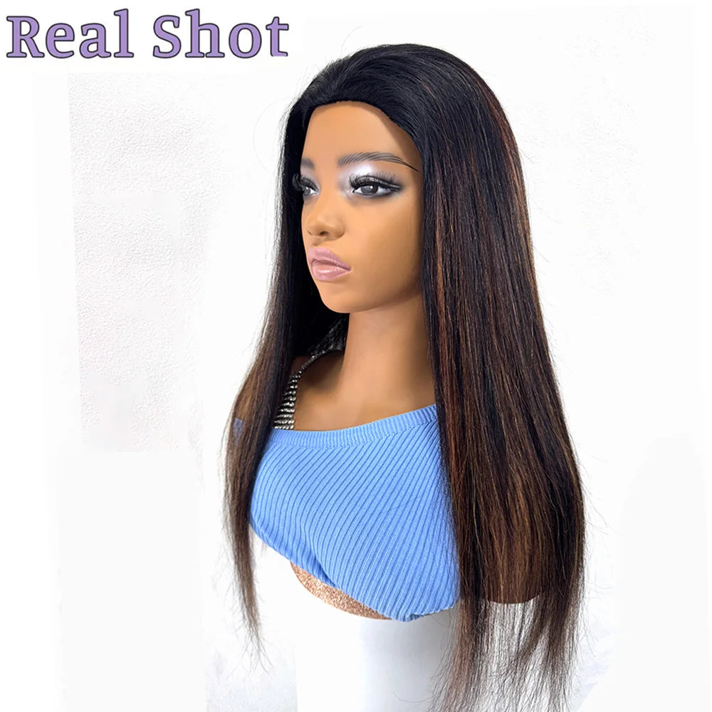 Machine Made Human Hair Half Wig Human Hair with Drawstring - Seamless Flip Over Wig, 1B/30 Color Straight Hair, 3-in-1 Design