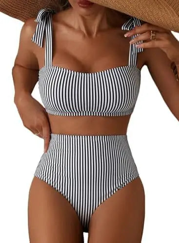 Women Two-piece Halter Vest Swimwear Sexy Striped Ruffle High Waisted Bikinis Set Female Bathing Suit Tie Strap Beachwear
