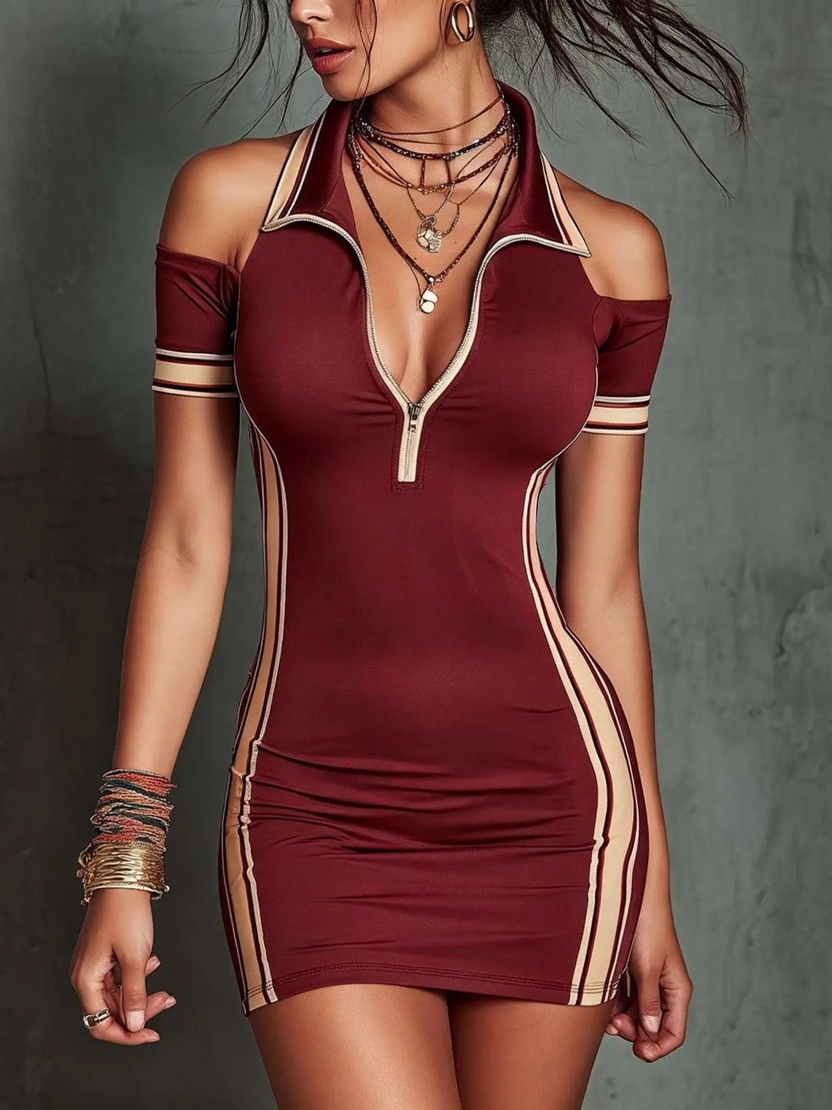 Striped Print Mini Dresses Elegant Off Shoulder Short Sleeve Bodycon Dresses Fashion Patchwork Holiday Casual Ladies Club Dress