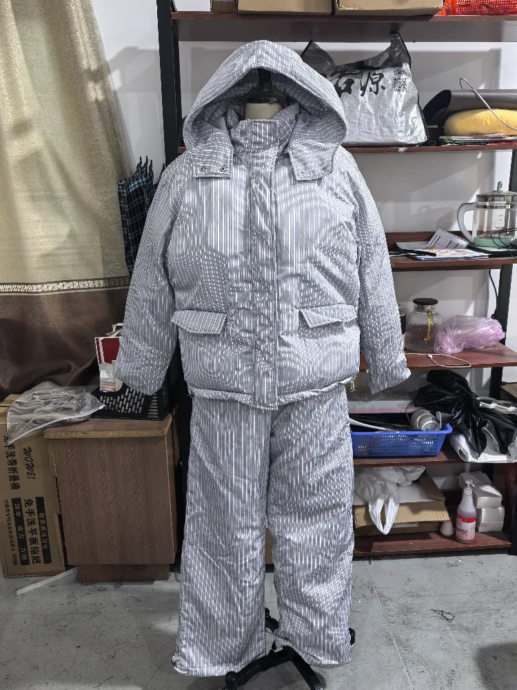 Women Winter Matching Set Multi Color Options Vertical Stripe Hooded Cropped Puffer Jacket Baggy Wide Leg Pants Warm Outfit Sets