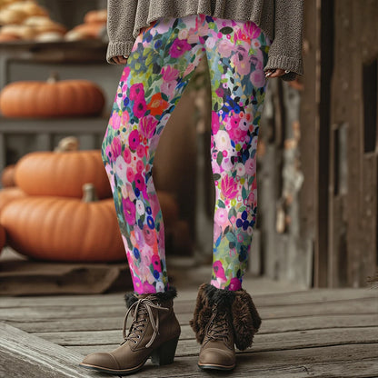 Colorful Blooming Flowers Pattern Women's Leggings Autumn Winter Warm Fashion Tights Stylish Outdoor Look Fashion Streetwear