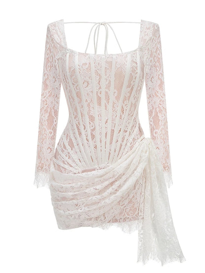 Robe mini bustier sexy en dentelle pour femme, sans manches, avec lacets ajustables, drapée, noire, moulante, élégante, pour soirée ou boîte de nuit