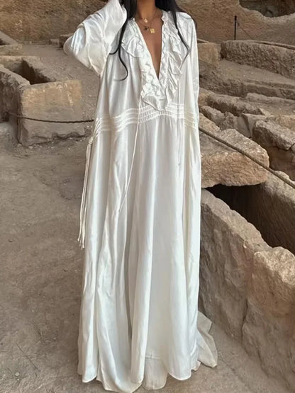 HH Women Summer Fashion Beach Style White Long Dress Long Sleeves Lace-Up Decoration Women's Flounced Edge V-Neck Dresses