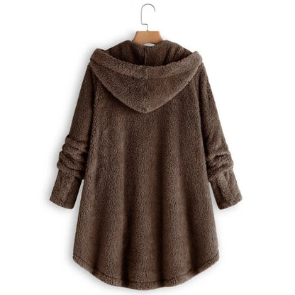 New Fashion Autumn Winter Women's Solid Button Coats Ladies Warm Teddy Bear Loose Outwear Female Plush Coat Hooded Plush Jackets