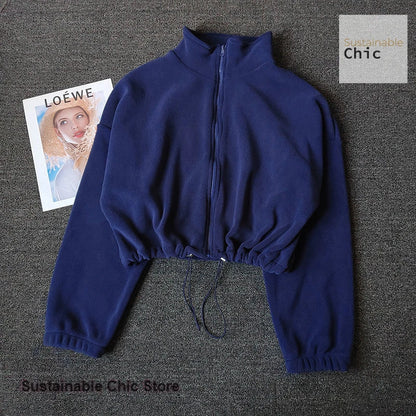 Korean sports coat lambswool collar loose drawstring zipper sweater women autumn and winter fashion hot girl warm yoga clothes