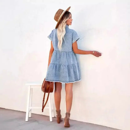Mini Dress Women Vintage Denim Dresses Distressed Turn Down Collar Single Breasted Pockets Splice Vestidos 2025 Streetwear