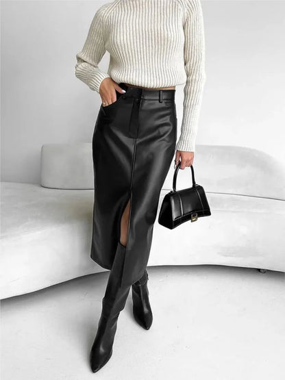 Leather Skirt High Waist Women Front Slit Spring Autumn Long Skirt High Waisted Office Lady Slim Skirts Elegant Ropa De Mujer
