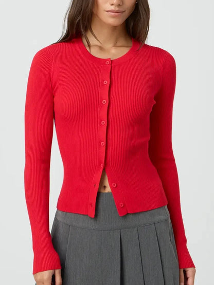 Women's Ribbed Cardigan Tops Spring Fall Solid Color Long Sleeve Round Neck Button Up Cropped Sweaters Female Casual Pullovers