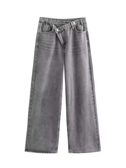 HH Jeans Évasés Taille Croisée Tendance pour Femmes Boutons Asymétriques Taille Haute Jean Baggy en Denim pour Tenues Streetwear et Y2K